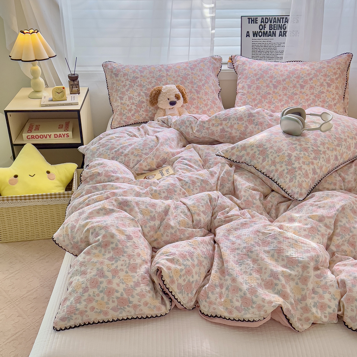 91家纺网 家纺一手货源 找家纺 三盛源 2025新款韩系小花卉镂空花边超柔皱皱双层纱水洗棉单被套被套单件 桃粉