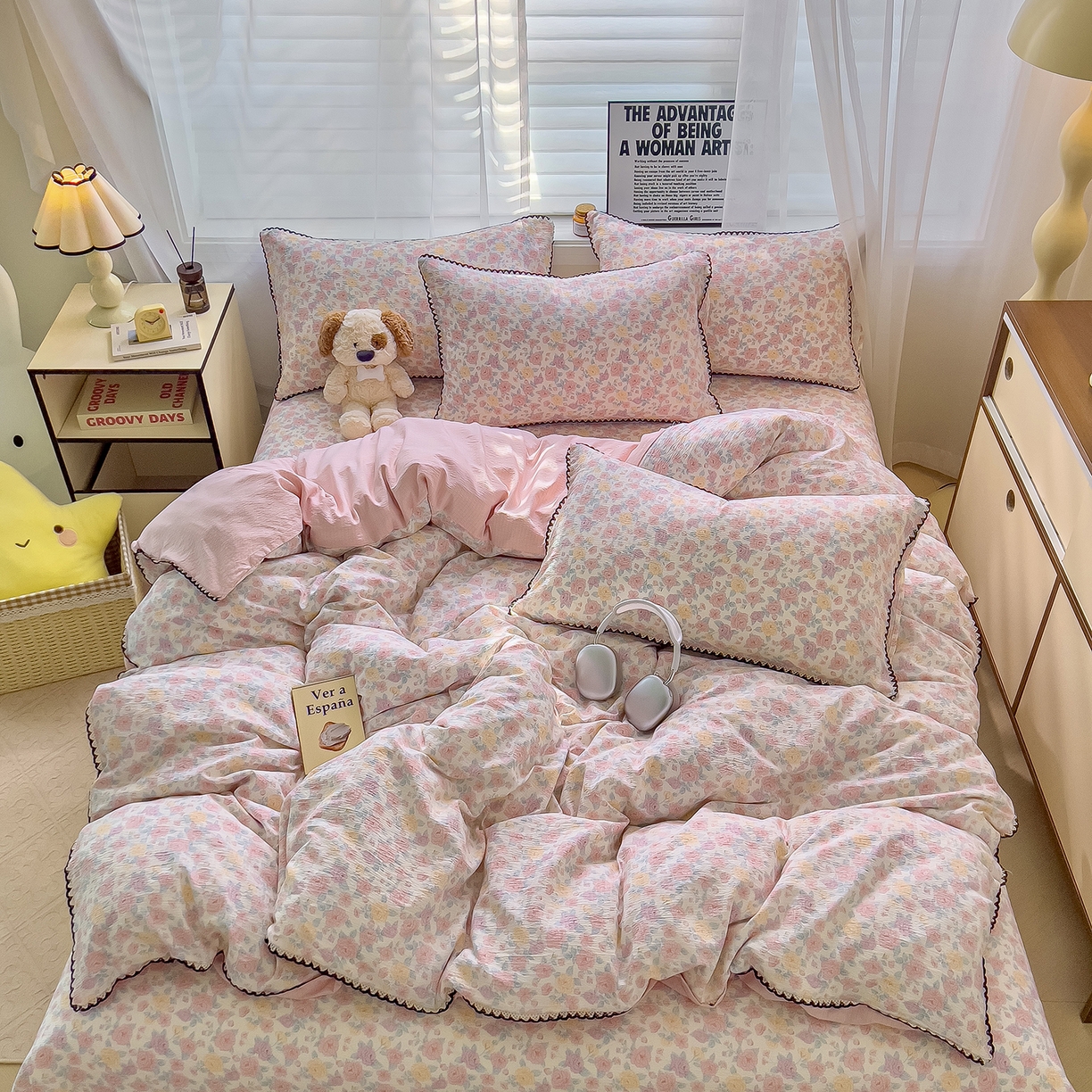 91家纺网 家纺一手货源 找家纺 三盛源 2025新款韩系小花卉镂空花边超柔皱皱双层纱水洗棉单被套被套单件 桃粉