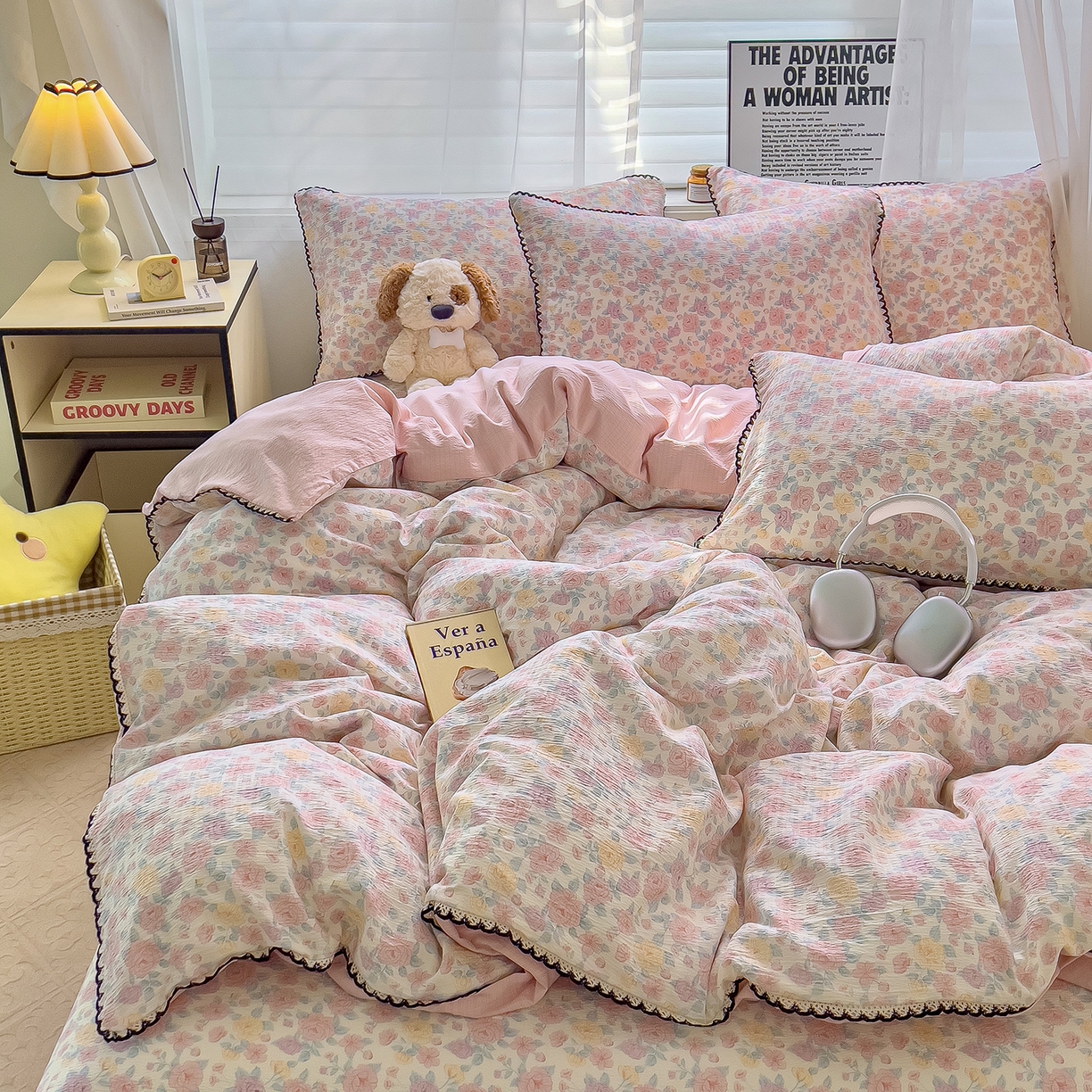 91家纺网 家纺一手货源 找家纺 三盛源 2025新款韩系小花卉镂空花边超柔皱皱双层纱水洗棉单被套被套单件 桃粉