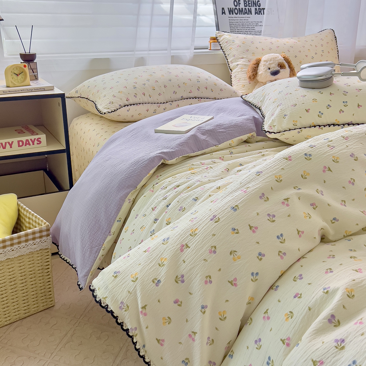 91家纺网 家纺一手货源 找家纺 三盛源 2025新款韩系小花卉镂空花边超柔皱皱双层纱水洗棉单被套被套单件 紫米樱桃