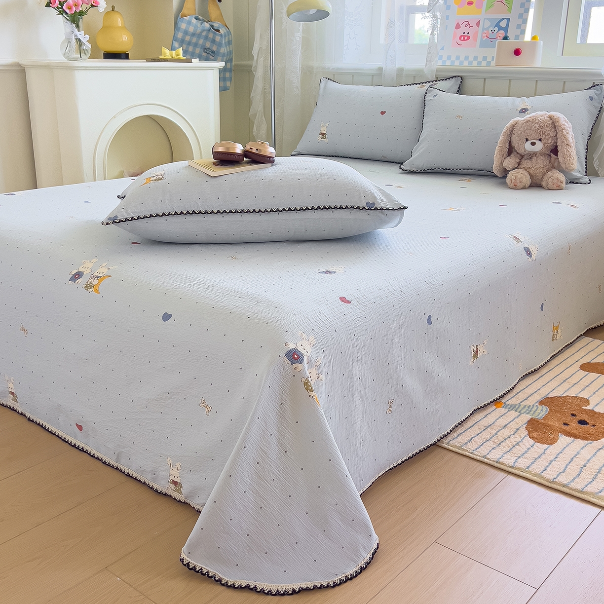 91家纺网 家纺一手货源 找家纺 （总）三盛源 2025新款韩版碎花皱皱双层纱镂空花边水洗棉单床单床单单件