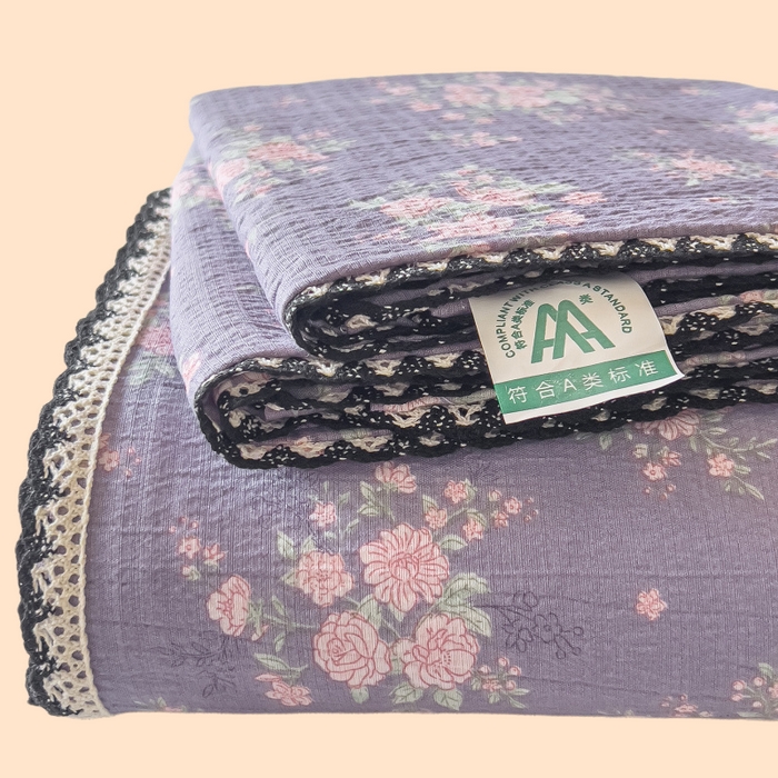 91家纺网 家纺一手货源 找家纺 三盛源 2025新款韩版碎花皱皱双层纱镂空花边水洗棉单床单床单单件 含烟蔻-紫