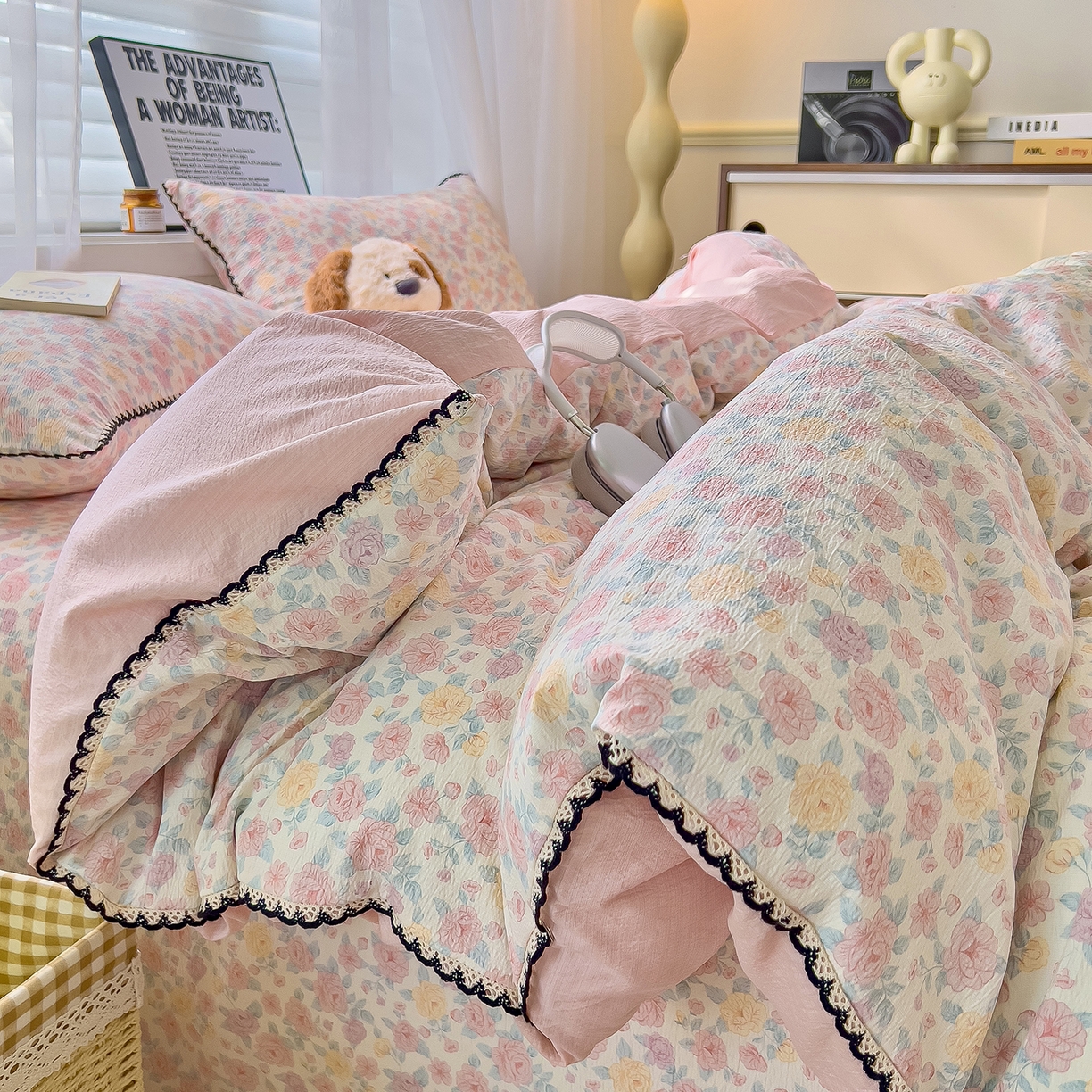 91家纺网 家纺一手货源 找家纺 三盛源 2025新款韩系小花卉镂空花边超柔皱皱双层纱水洗棉单被套被套单件 桃粉