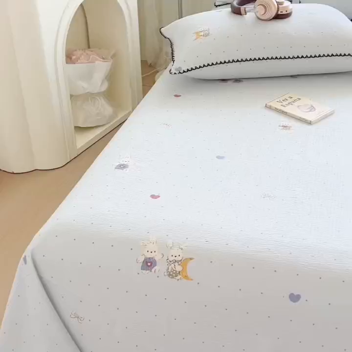 91家纺网 家纺一手货源 找家纺 三盛源 2025新款韩版碎花皱皱双层纱镂空花边水洗棉单床单床单单件 波点兔-蓝