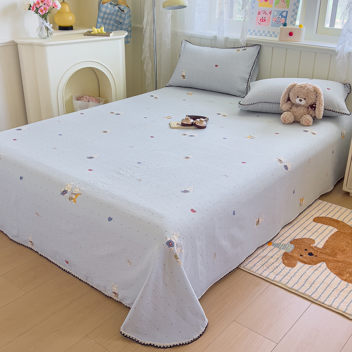 91家纺网 家纺一手货源 找家纺 （总）三盛源 2025新款韩版碎花皱皱双层纱镂空花边水洗棉单床单床单单件