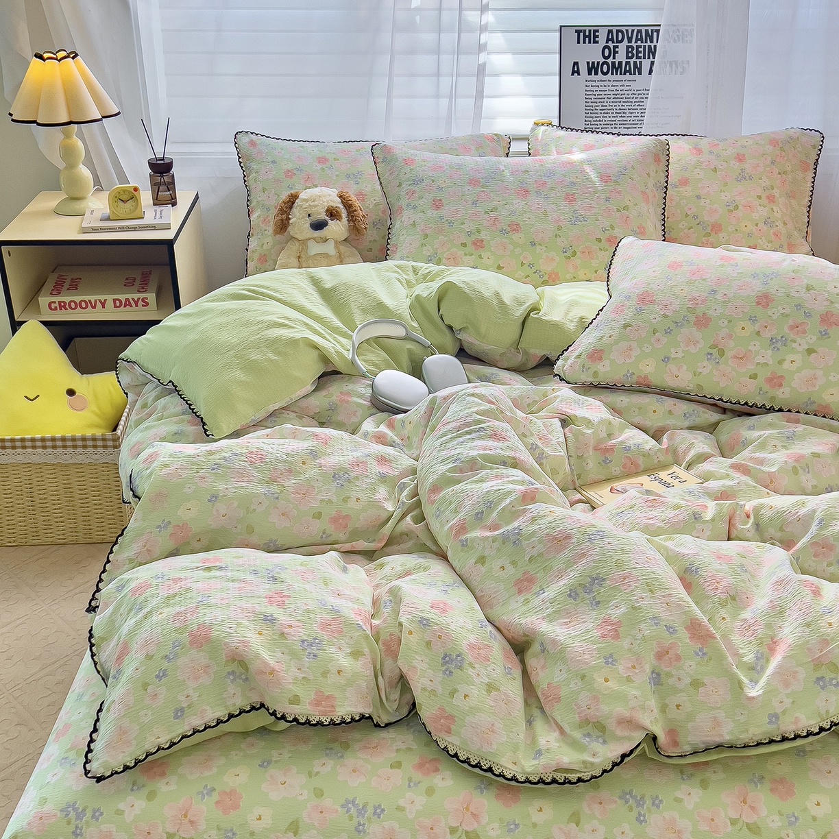 91家纺网 家纺一手货源 找家纺 （总）三盛源 2025新款韩系小花卉镂空花边超柔皱皱双层纱水洗棉单被套被套单件