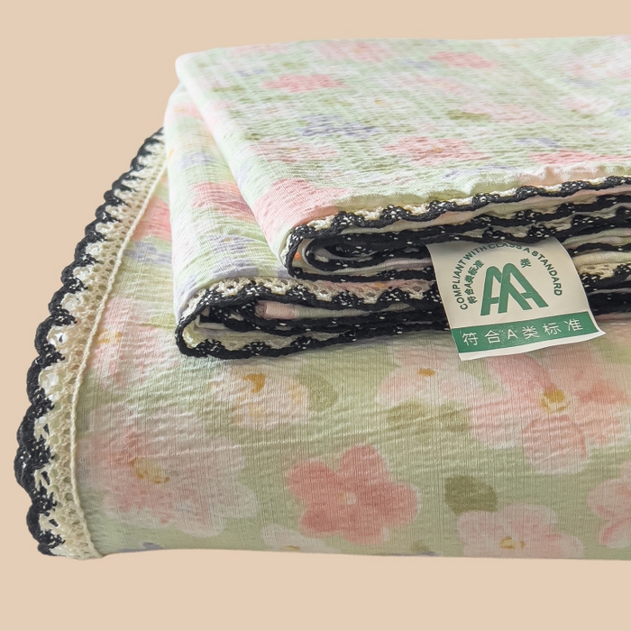 91家纺网 家纺一手货源 找家纺 三盛源 2025新款韩版碎花皱皱双层纱镂空花边水洗棉单床单床单单件 莱茵-绿