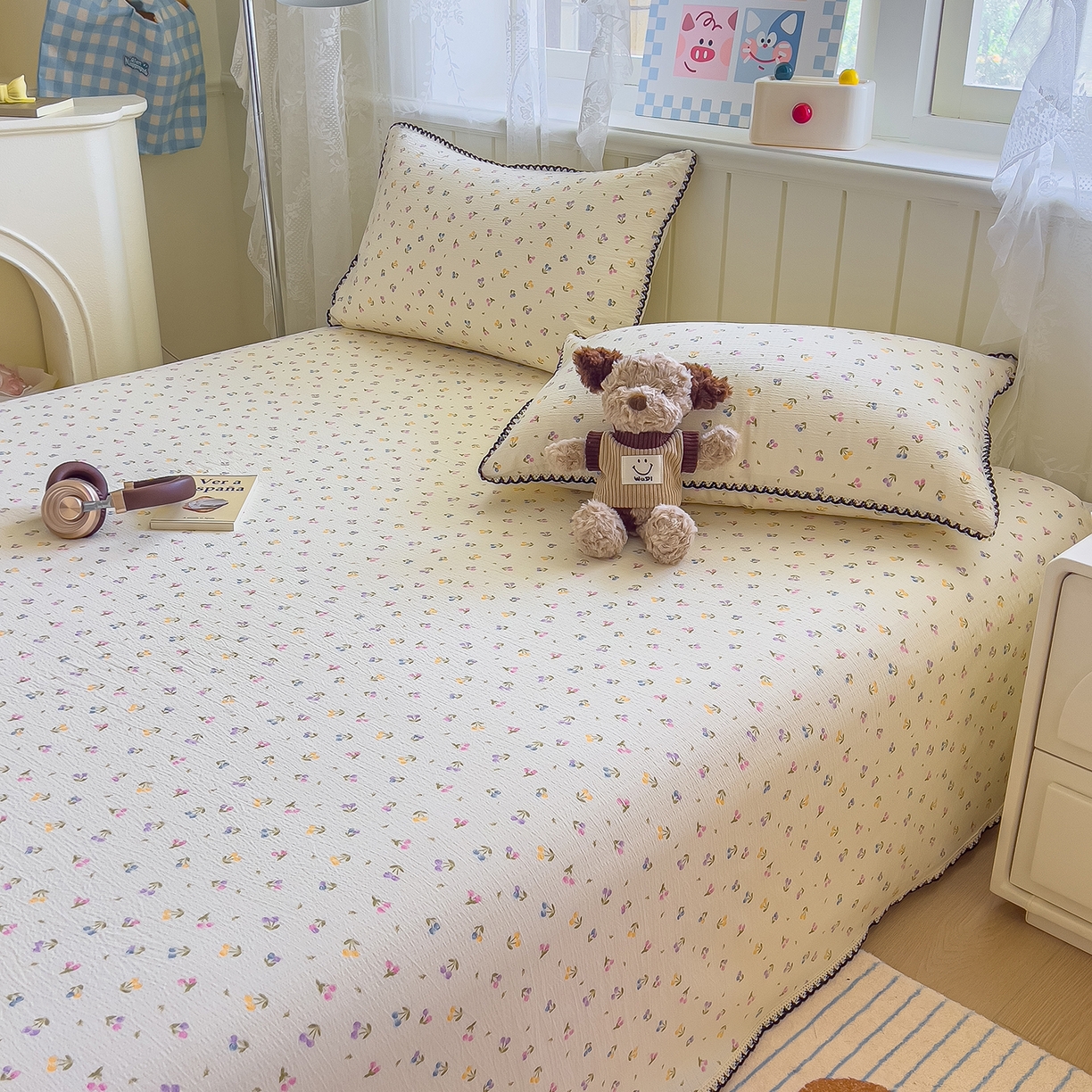 91家纺网 家纺一手货源 找家纺 三盛源 2025新款韩版碎花皱皱双层纱镂空花边水洗棉单床单床单单件 樱桃波波