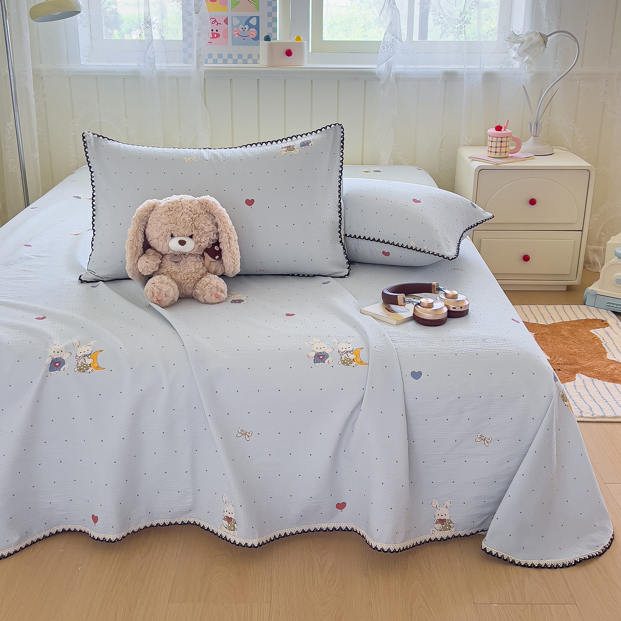 91家纺网 家纺一手货源 找家纺 （总）三盛源 2025新款韩版碎花皱皱双层纱镂空花边水洗棉单床单床单单件