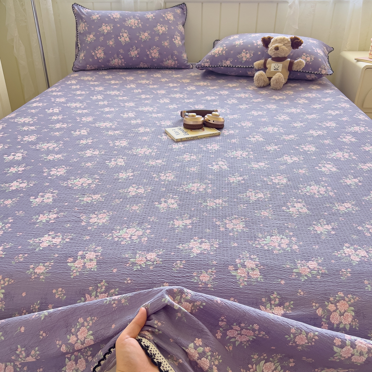 91家纺网 家纺一手货源 找家纺 三盛源 2025新款韩版碎花皱皱双层纱镂空花边水洗棉单床单床单单件 含烟蔻-紫