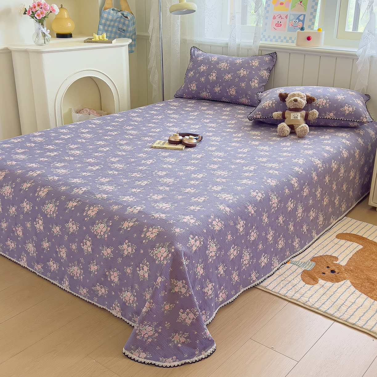 91家纺网 家纺一手货源 找家纺 三盛源 2025新款韩版碎花皱皱双层纱镂空花边水洗棉单床单床单单件 含烟蔻-紫