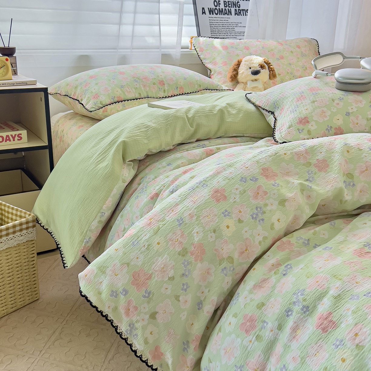 91家纺网 家纺一手货源 找家纺 三盛源 2025新款韩系小花卉镂空花边超柔皱皱双层纱水洗棉单被套被套单件 绿野