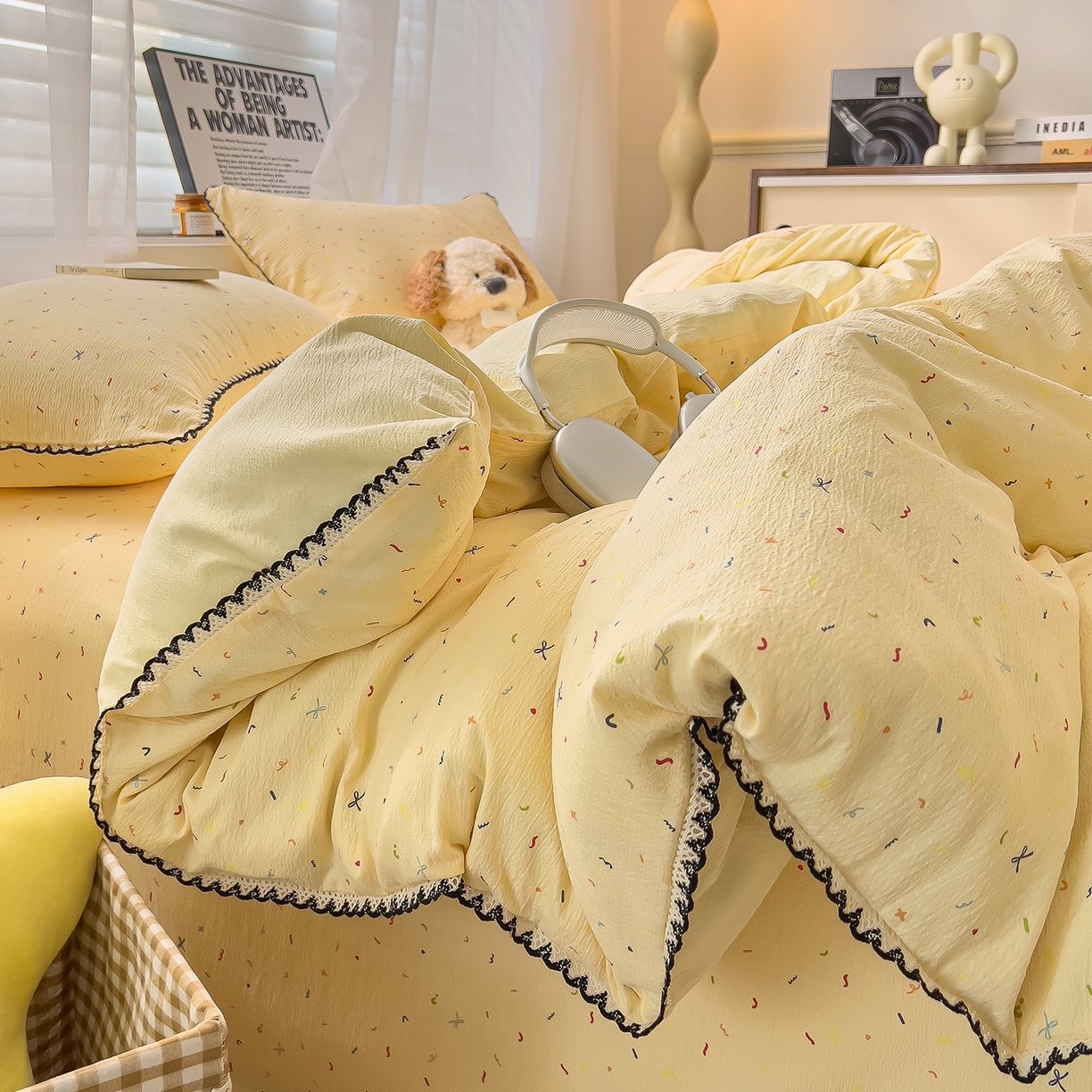 91家纺网 家纺一手货源 找家纺 三盛源 2025新款韩系小花卉镂空花边超柔皱皱双层纱水洗棉单被套被套单件 奶油星点