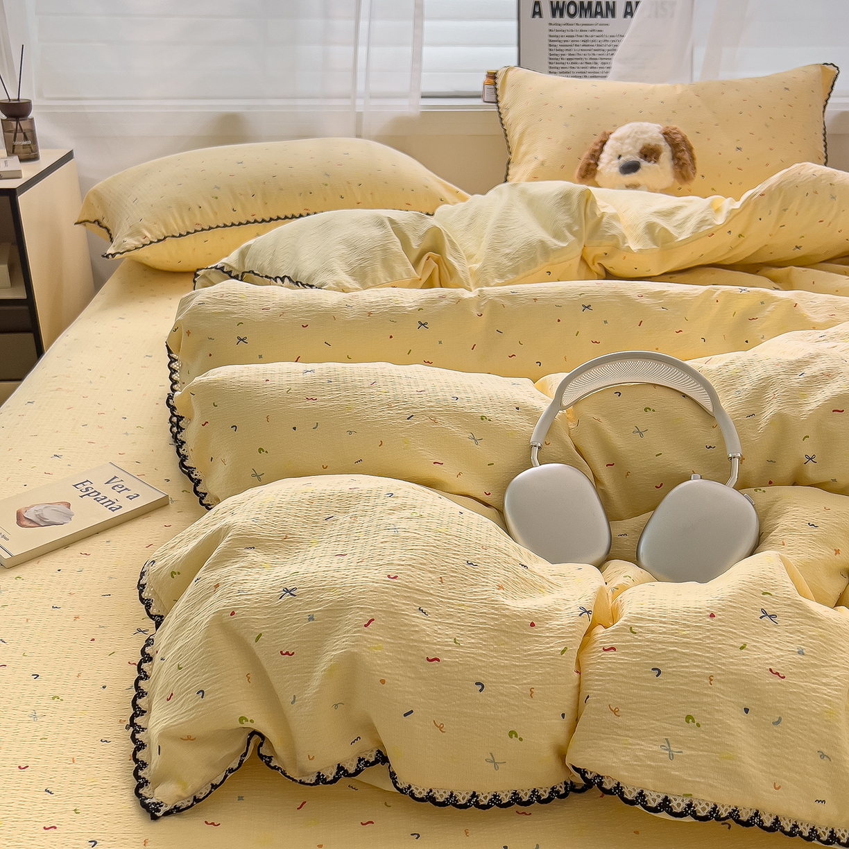 91家纺网 家纺一手货源 找家纺 三盛源 2025新款韩系小花卉镂空花边超柔皱皱双层纱水洗棉单被套被套单件 奶油星点