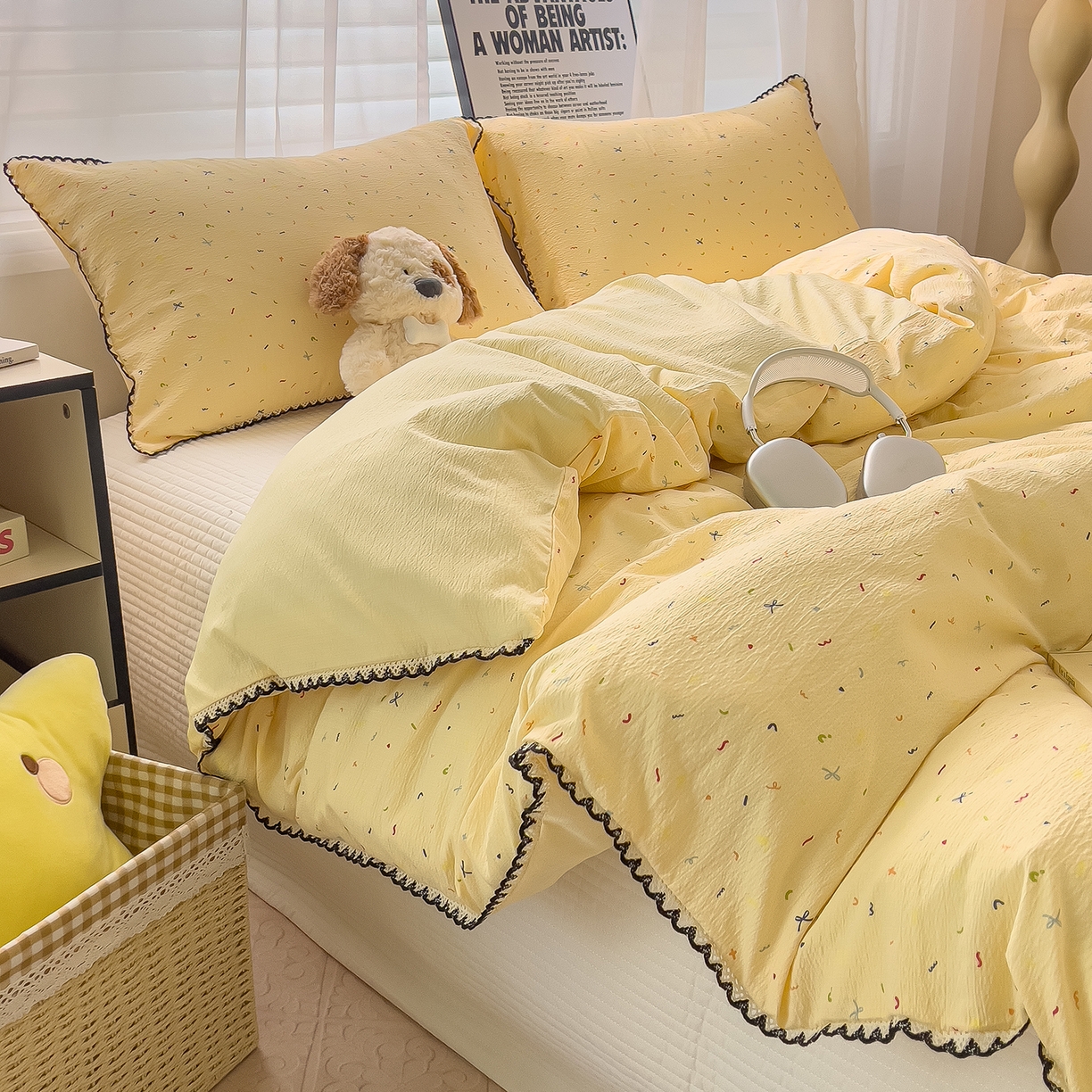 91家纺网 家纺一手货源 找家纺 三盛源 2025新款韩系小花卉镂空花边超柔皱皱双层纱水洗棉单被套被套单件 奶油星点