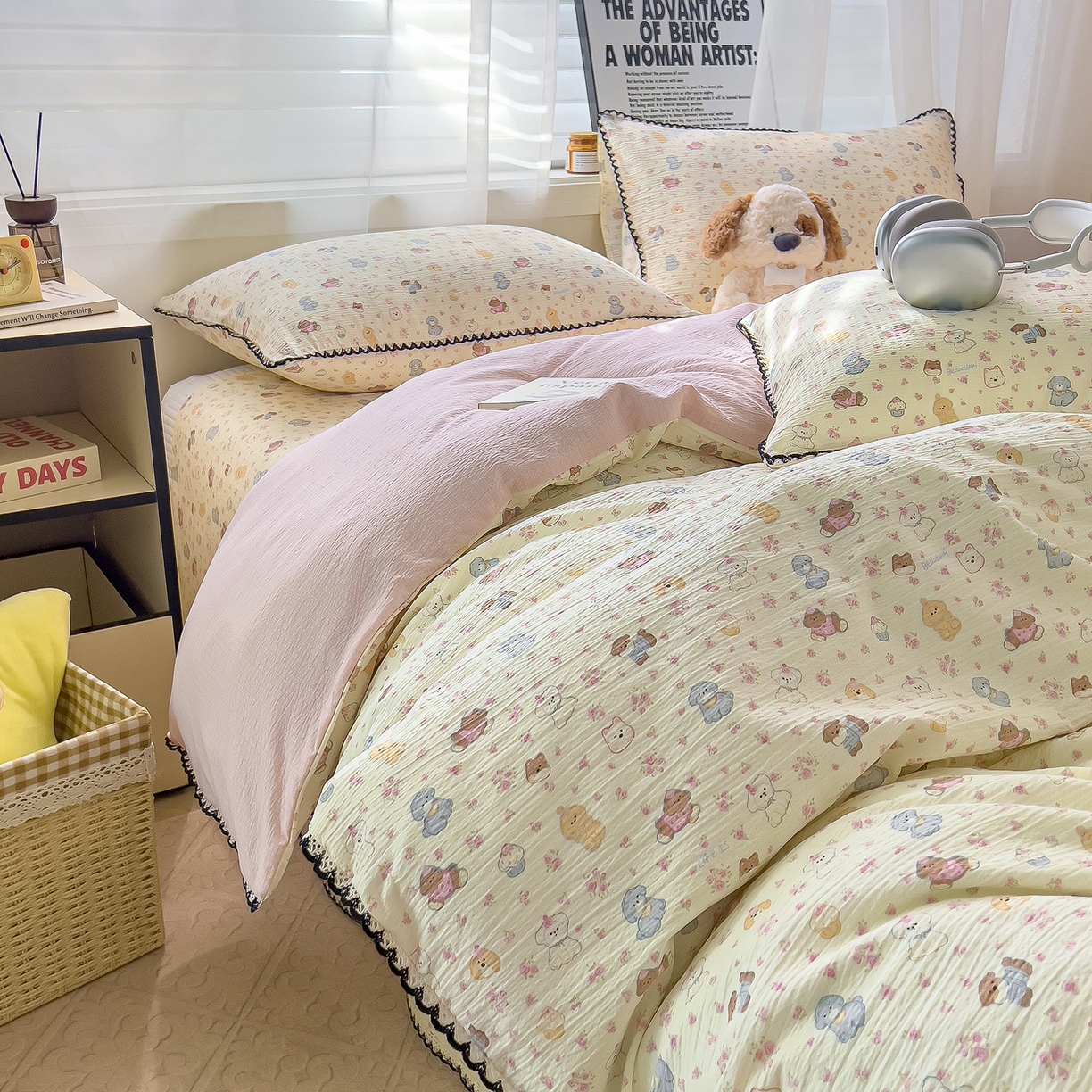 91家纺网 家纺一手货源 找家纺 三盛源 2025新款韩系小花卉镂空花边超柔皱皱双层纱水洗棉单被套被套单件 泡芙小狗