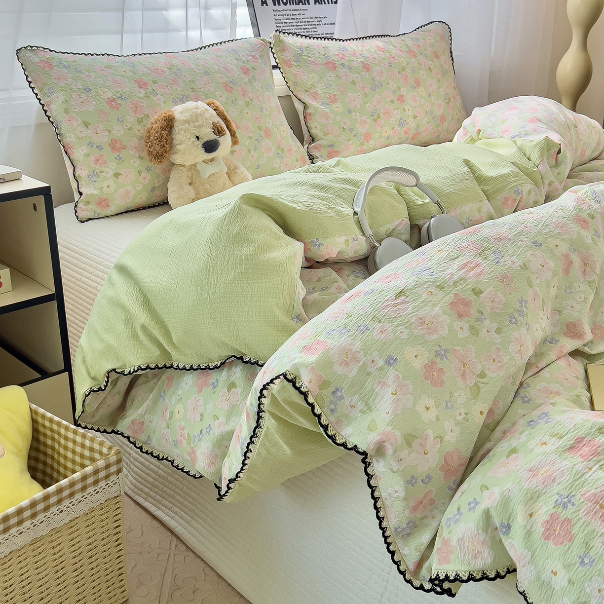 91家纺网 家纺一手货源 找家纺 三盛源 2025新款韩系小花卉镂空花边超柔皱皱双层纱水洗棉单被套被套单件 绿野