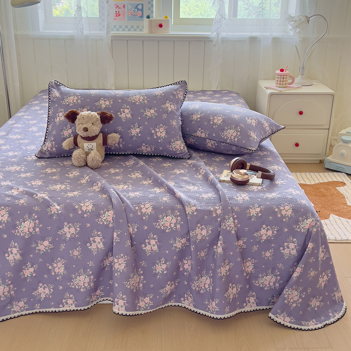 91家纺网 家纺一手货源 找家纺 三盛源 2025新款韩版碎花皱皱双层纱镂空花边水洗棉单床单床单单件 含烟蔻-紫