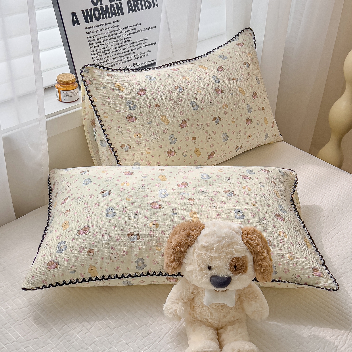 91家纺网 家纺一手货源 找家纺 三盛源 2025新款韩系小花卉镂空花边超柔皱皱双层纱水洗棉单被套被套单件 泡芙小狗