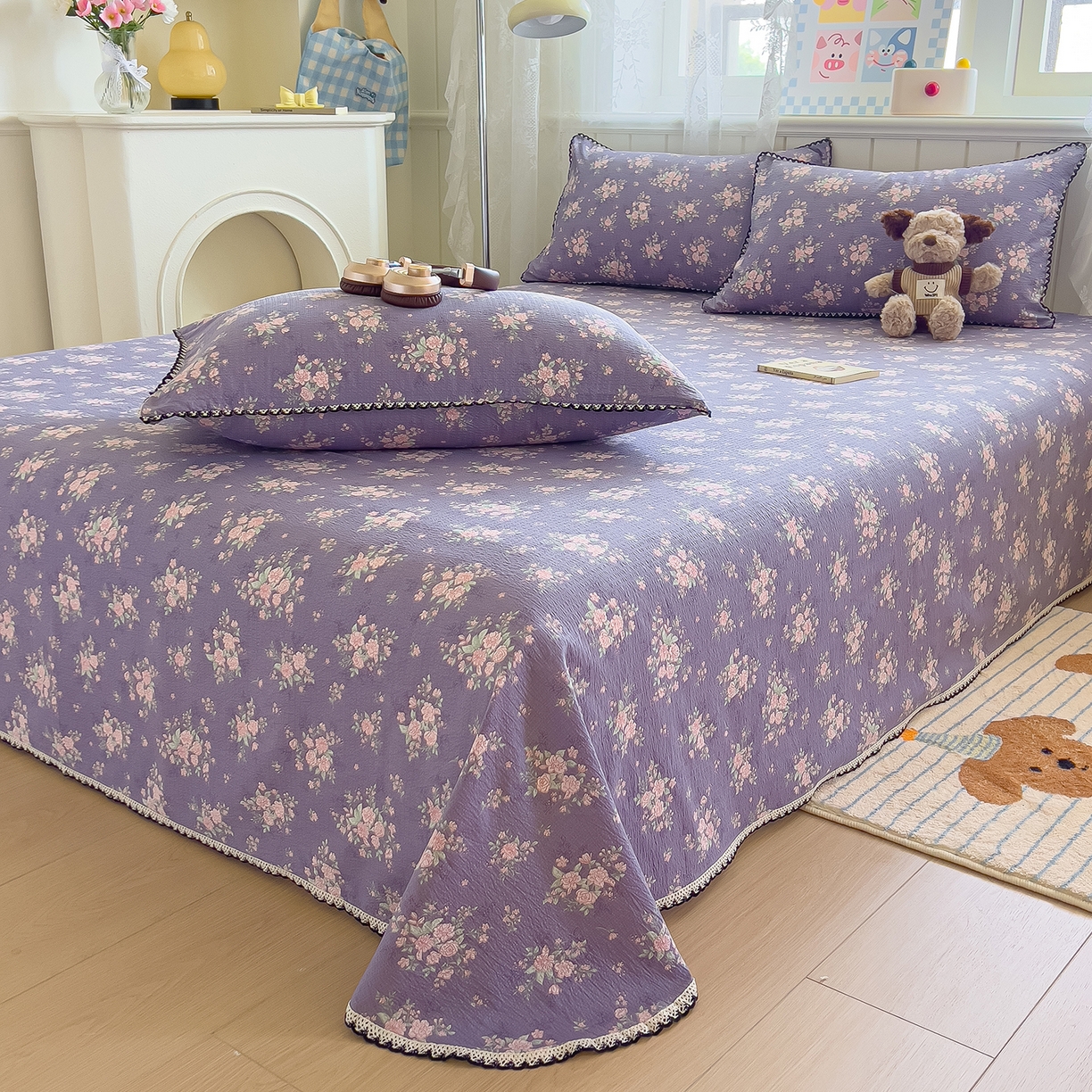 91家纺网 家纺一手货源 找家纺 三盛源 2025新款韩版碎花皱皱双层纱镂空花边水洗棉单床单床单单件 含烟蔻-紫