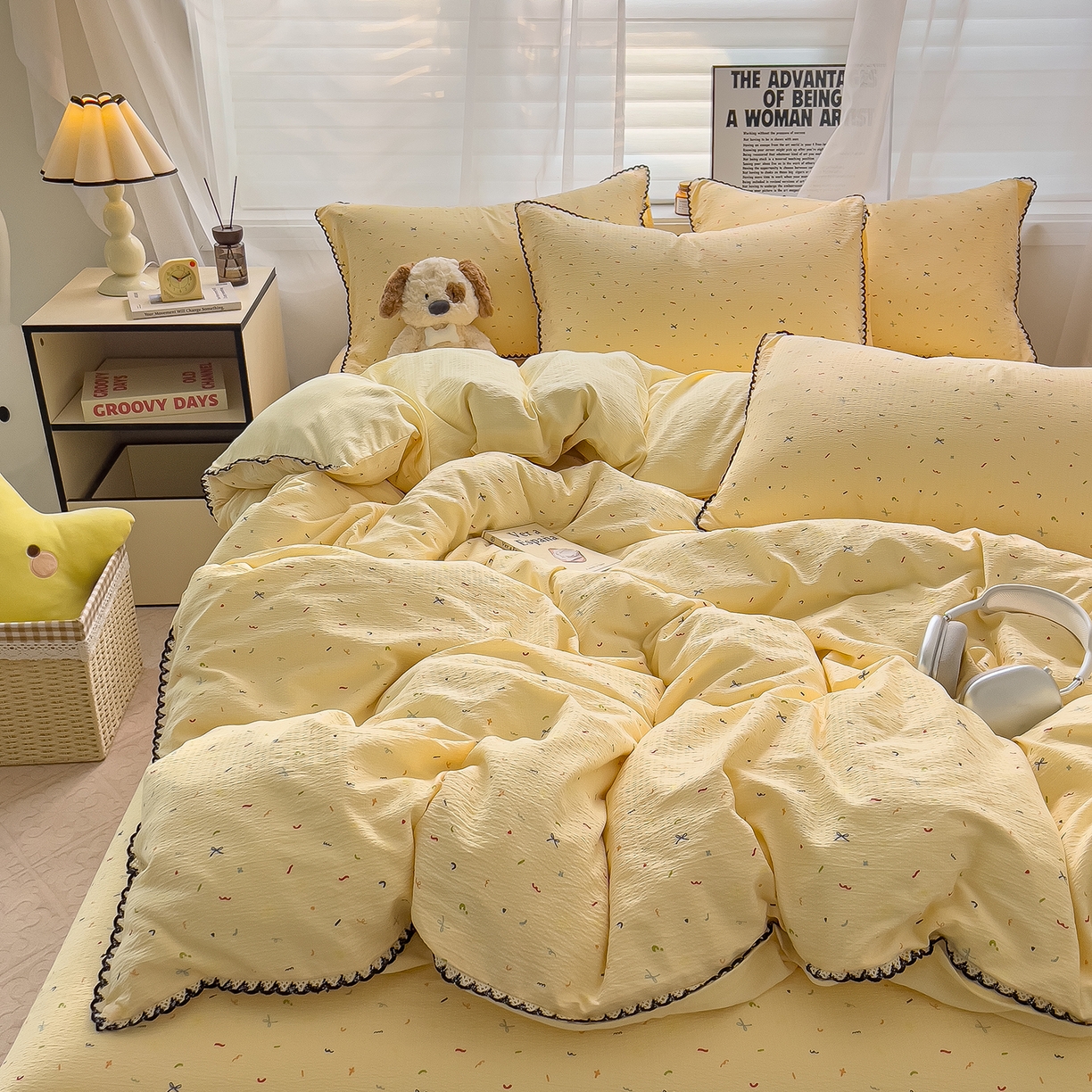 91家纺网 家纺一手货源 找家纺 三盛源 2025新款韩系小花卉镂空花边超柔皱皱双层纱水洗棉单被套被套单件 奶油星点