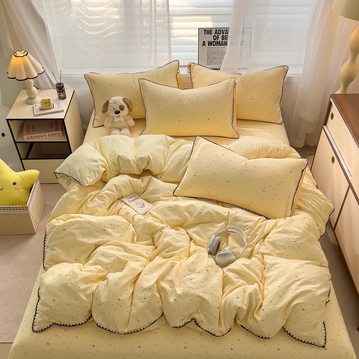 91家纺网 家纺一手货源 找家纺 三盛源 2025新款韩系小花卉镂空花边超柔皱皱双层纱水洗棉单被套被套单件 奶油星点