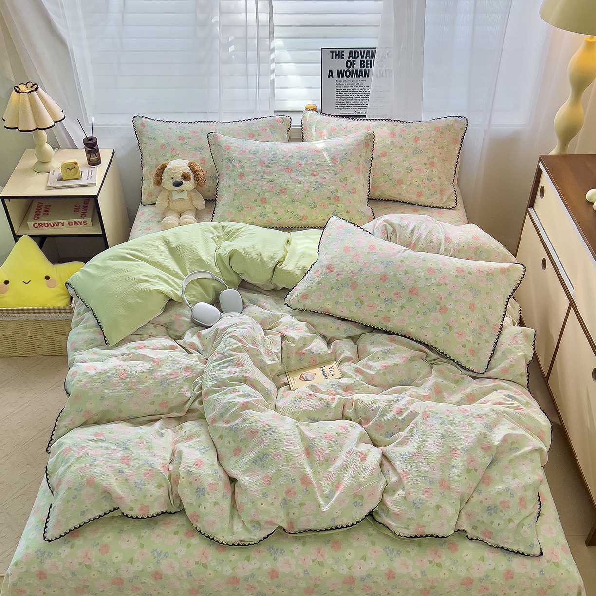 91家纺网 家纺一手货源 找家纺 三盛源 2025新款韩系小花卉镂空花边超柔皱皱双层纱水洗棉单被套被套单件 绿野