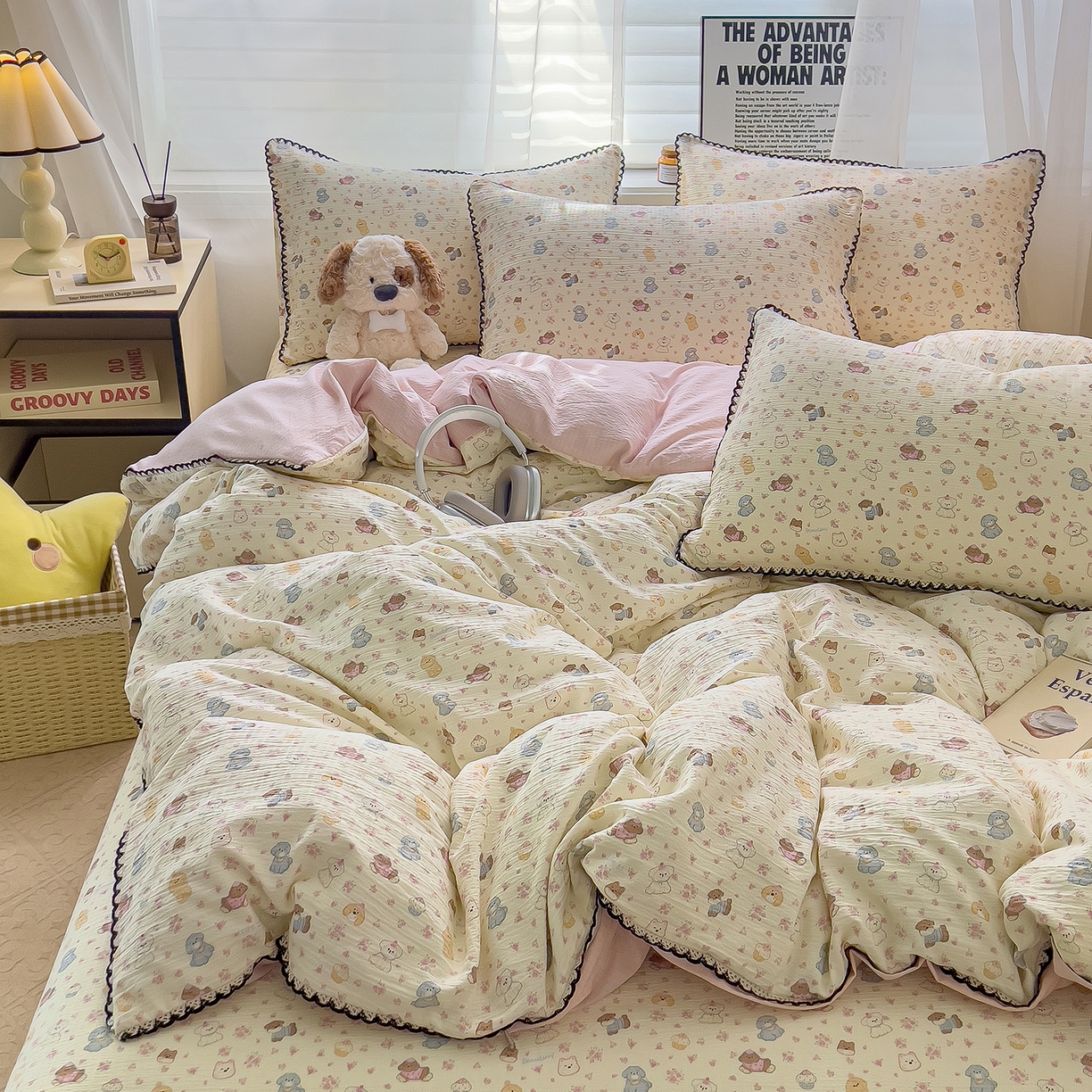 91家纺网 家纺一手货源 找家纺 三盛源 2025新款韩系小花卉镂空花边超柔皱皱双层纱水洗棉单被套被套单件 泡芙小狗