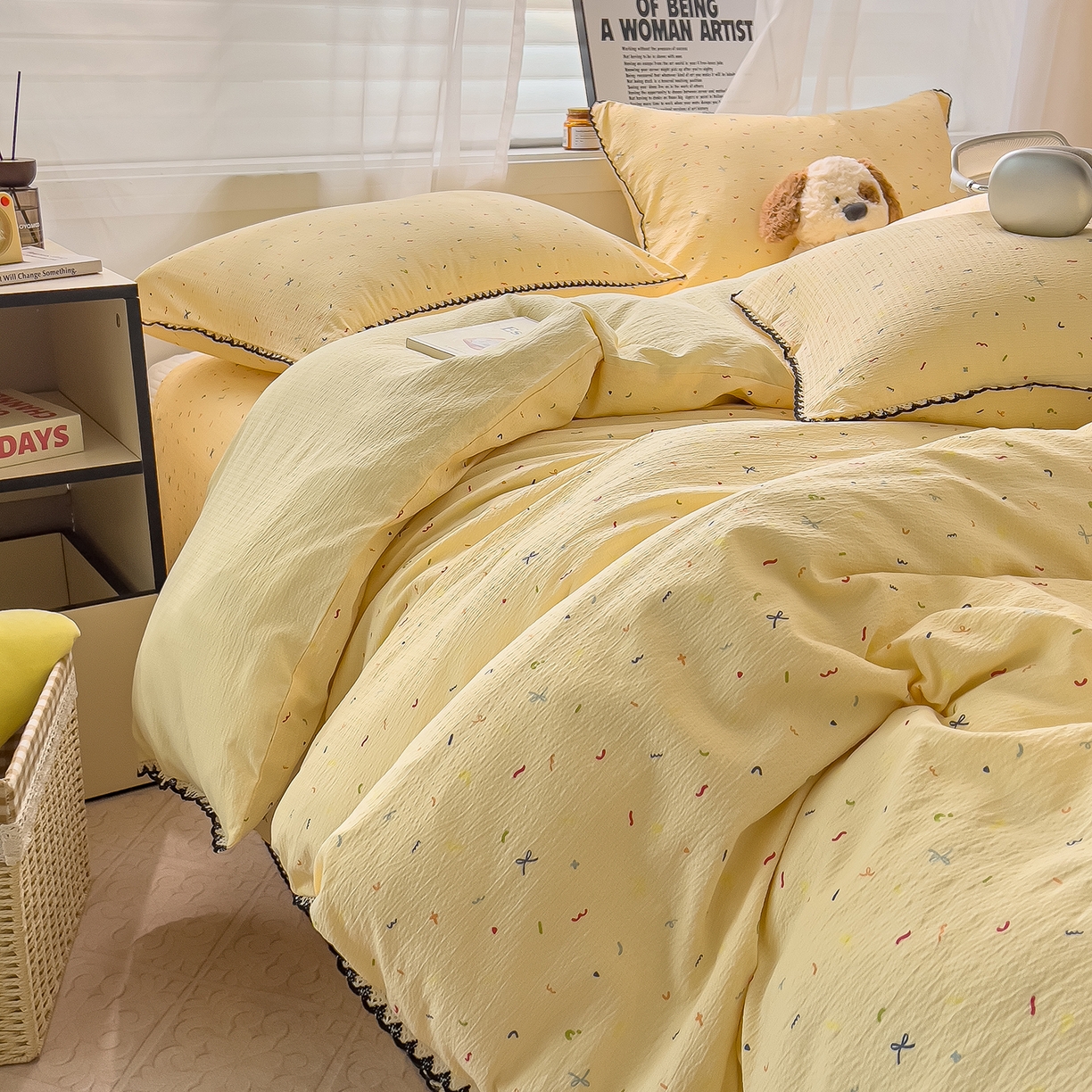 91家纺网 家纺一手货源 找家纺 三盛源 2025新款韩系小花卉镂空花边超柔皱皱双层纱水洗棉单被套被套单件 奶油星点