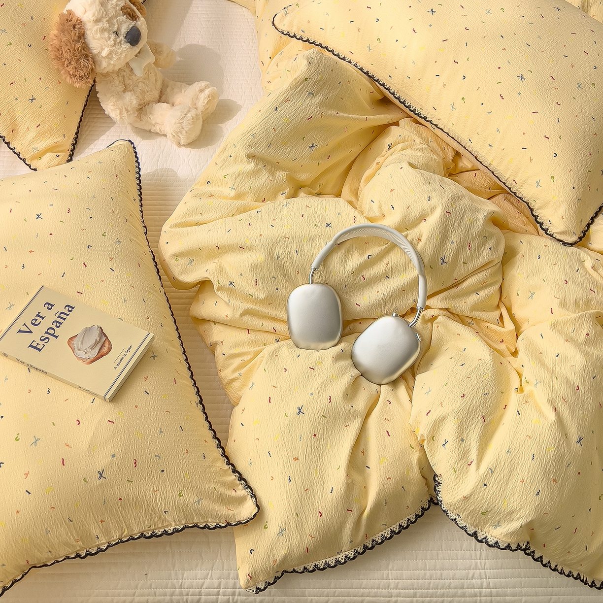 91家纺网 家纺一手货源 找家纺 三盛源 2025新款韩系小花卉镂空花边超柔皱皱双层纱水洗棉单被套被套单件 奶油星点