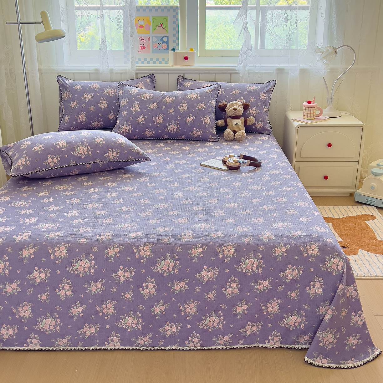 91家纺网 家纺一手货源 找家纺 三盛源 2025新款韩版碎花皱皱双层纱镂空花边水洗棉单床单床单单件 含烟蔻-紫