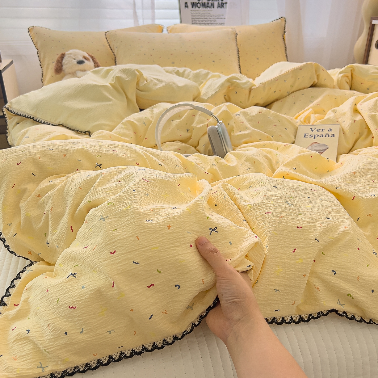 91家纺网 家纺一手货源 找家纺 三盛源 2025新款韩系小花卉镂空花边超柔皱皱双层纱水洗棉单被套被套单件 奶油星点