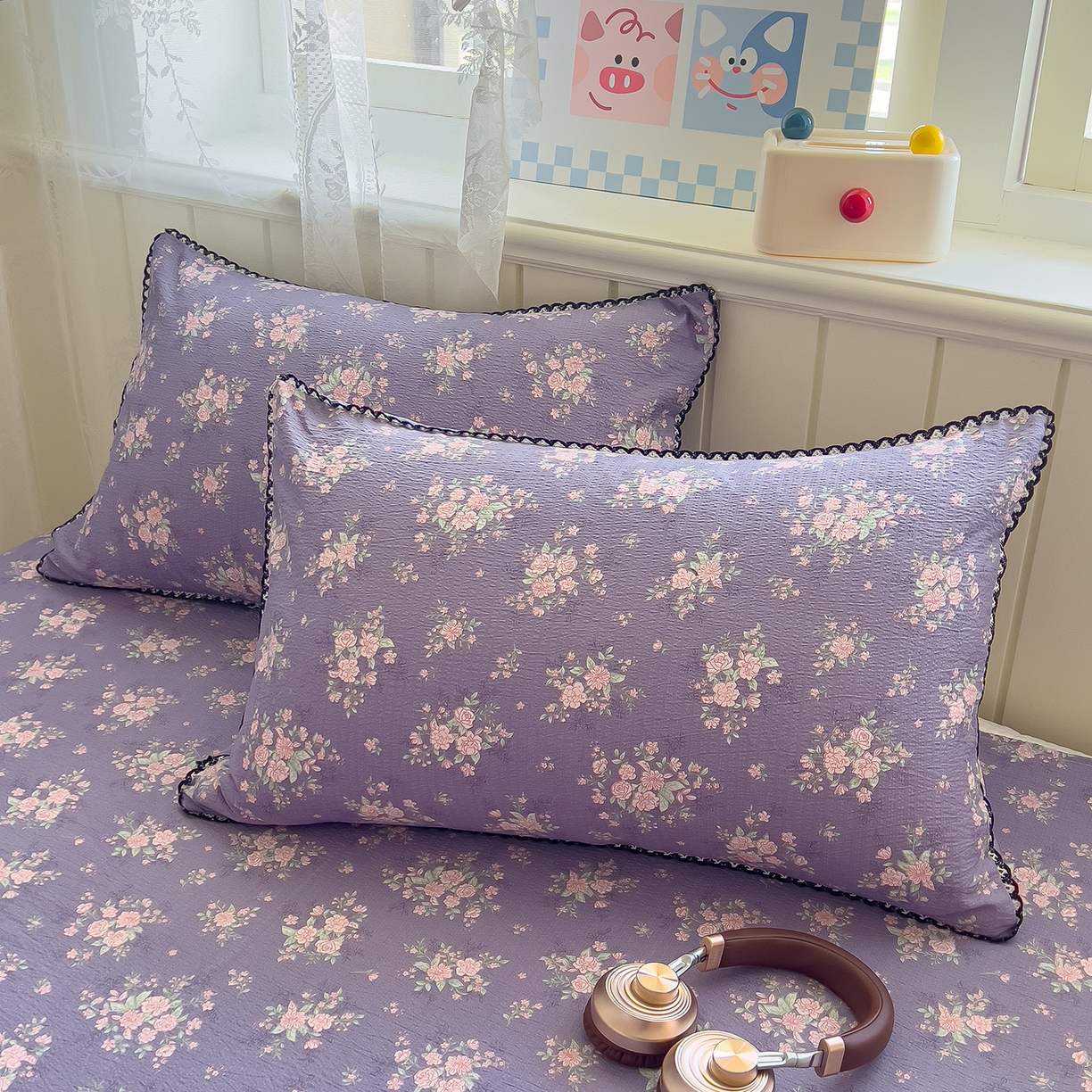 91家纺网 家纺一手货源 找家纺 三盛源 2025新款韩版碎花皱皱双层纱镂空花边水洗棉单床单床单单件 含烟蔻-紫