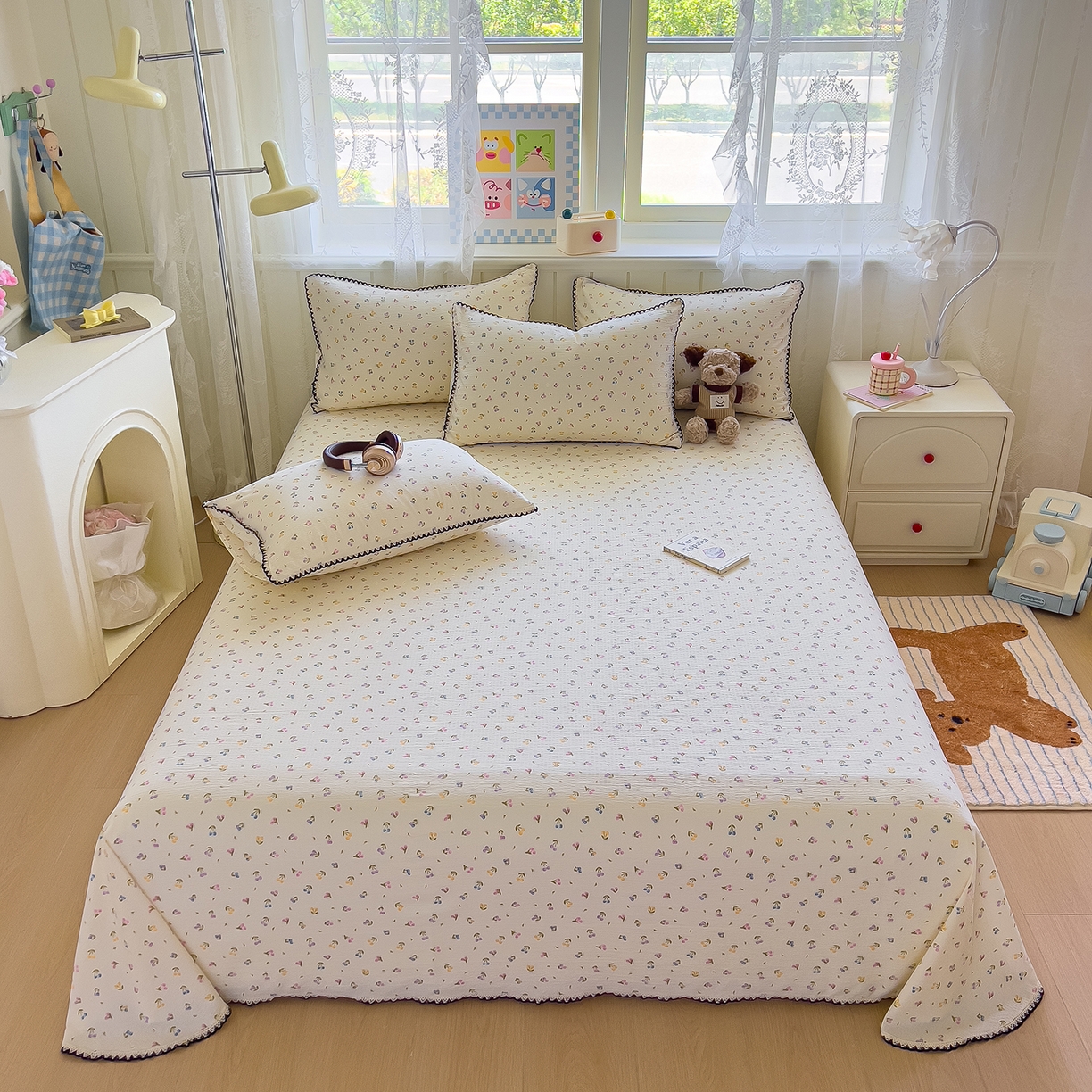 91家纺网 家纺一手货源 找家纺 三盛源 2025新款韩版碎花皱皱双层纱镂空花边水洗棉单床单床单单件 樱桃波波