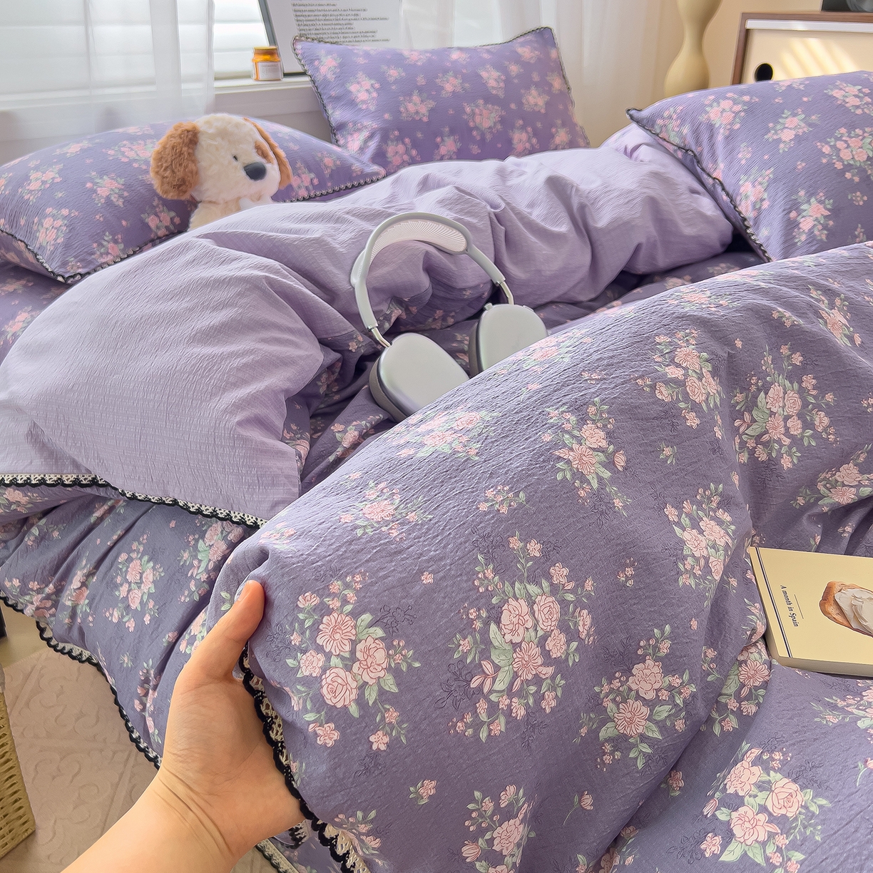 91家纺网 家纺一手货源 找家纺 三盛源 2025新款韩系小花卉镂空花边超柔皱皱双层纱水洗棉单被套被套单件 紫萝漫想