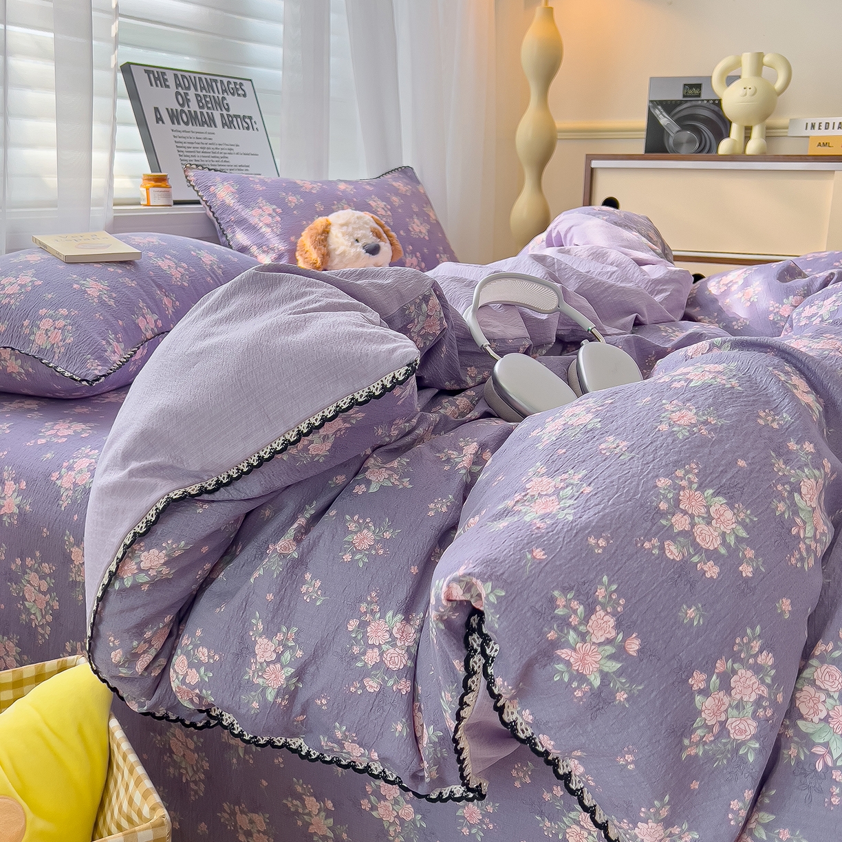 91家纺网 家纺一手货源 找家纺 三盛源 2025新款韩系小花卉镂空花边超柔皱皱双层纱水洗棉单被套被套单件 紫萝漫想