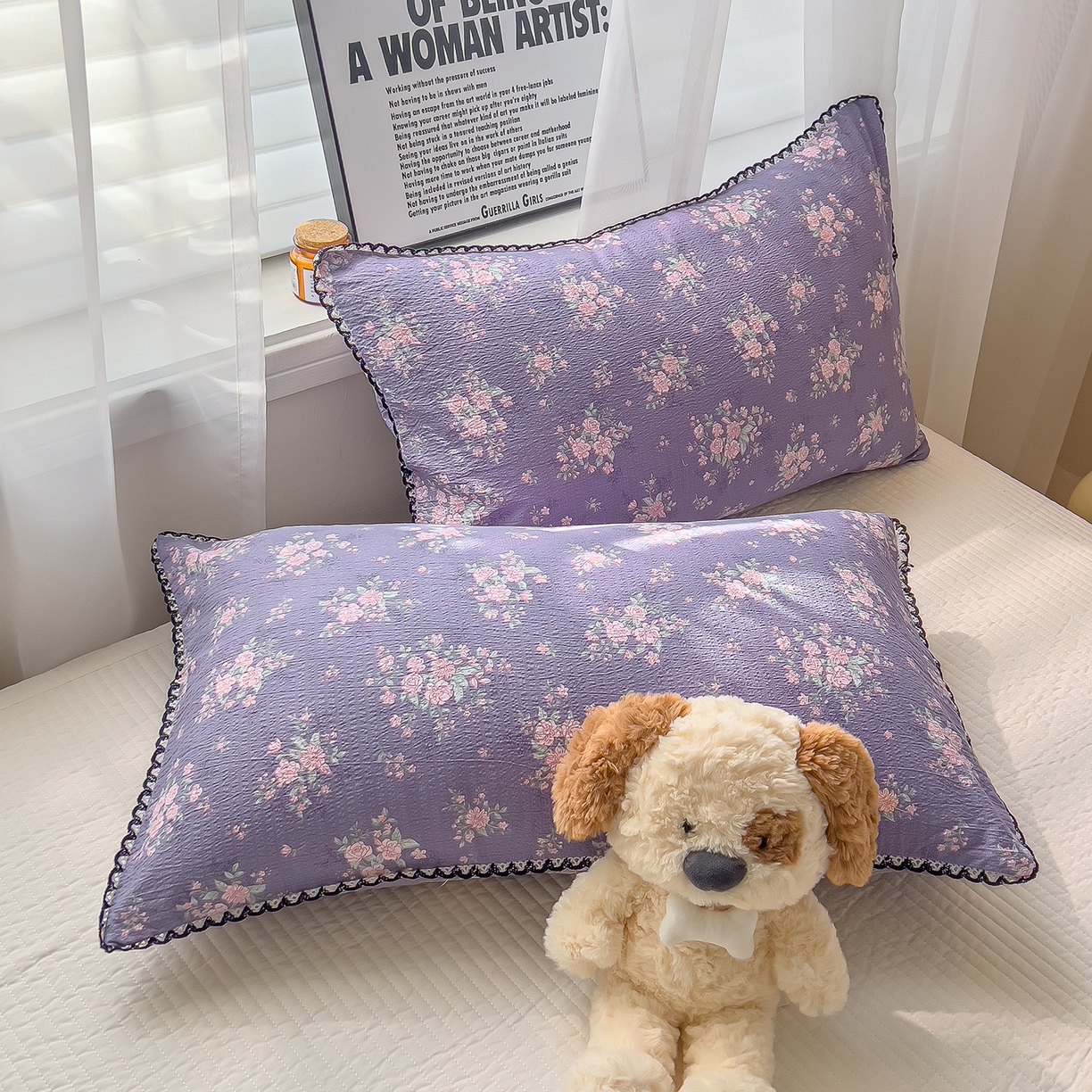 91家纺网 家纺一手货源 找家纺 三盛源 2025新款韩系小花卉镂空花边超柔皱皱双层纱水洗棉单被套被套单件 紫萝漫想