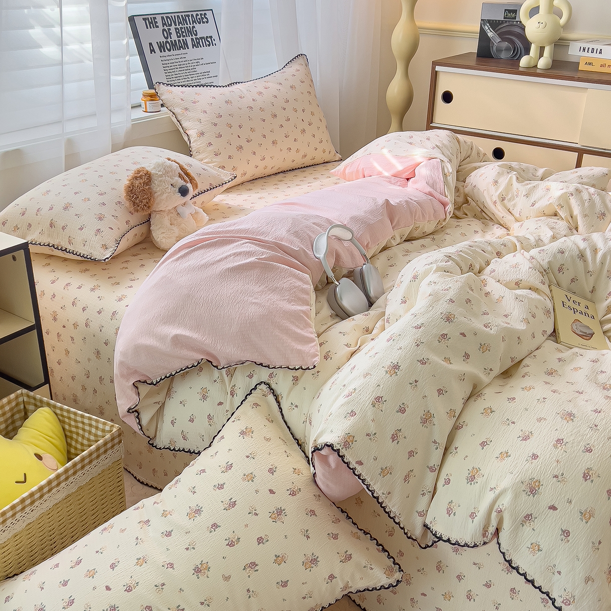 91家纺网 家纺一手货源 找家纺 三盛源 2025新款韩系小花卉镂空花边超柔皱皱双层纱水洗棉单被套被套单件 絮语