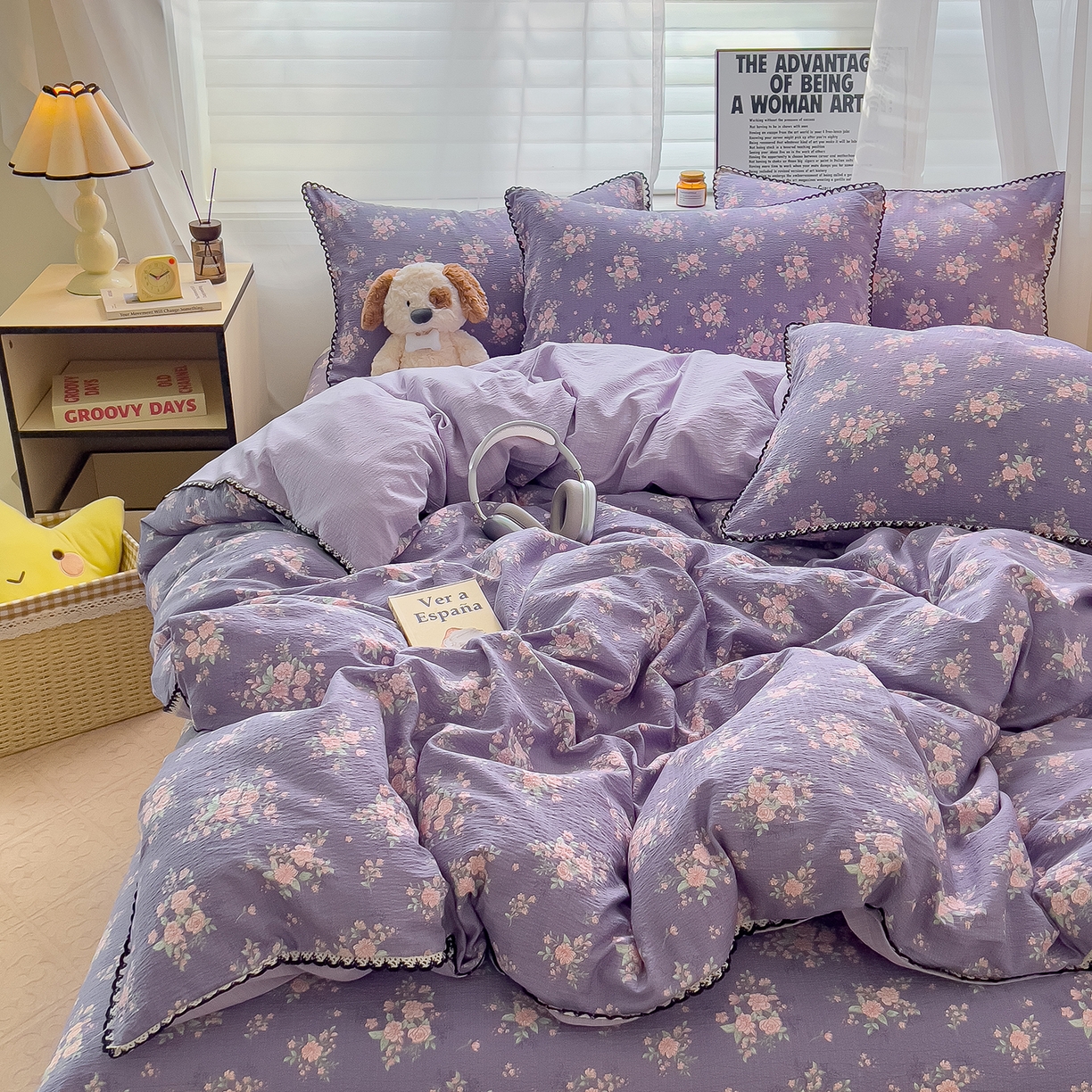 91家纺网 家纺一手货源 找家纺 三盛源 2025新款韩系小花卉镂空花边超柔皱皱双层纱水洗棉单被套被套单件 紫萝漫想