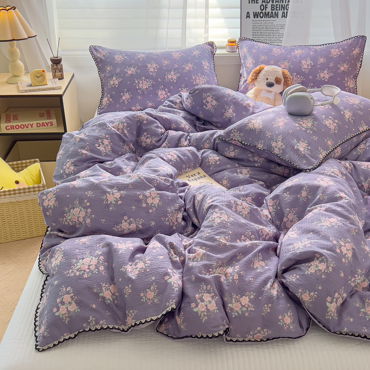 91家纺网 家纺一手货源 找家纺 三盛源 2025新款韩系小花卉镂空花边超柔皱皱双层纱水洗棉单被套被套单件 紫萝漫想