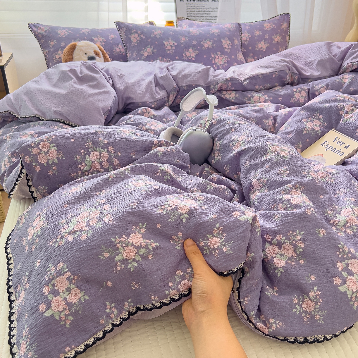 91家纺网 家纺一手货源 找家纺 三盛源 2025新款韩系小花卉镂空花边超柔皱皱双层纱水洗棉单被套被套单件 紫萝漫想