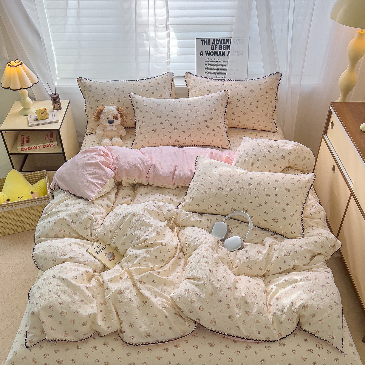 91家纺网 家纺一手货源 找家纺 三盛源 2025新款韩系小花卉镂空花边超柔皱皱双层纱水洗棉单被套被套单件 絮语