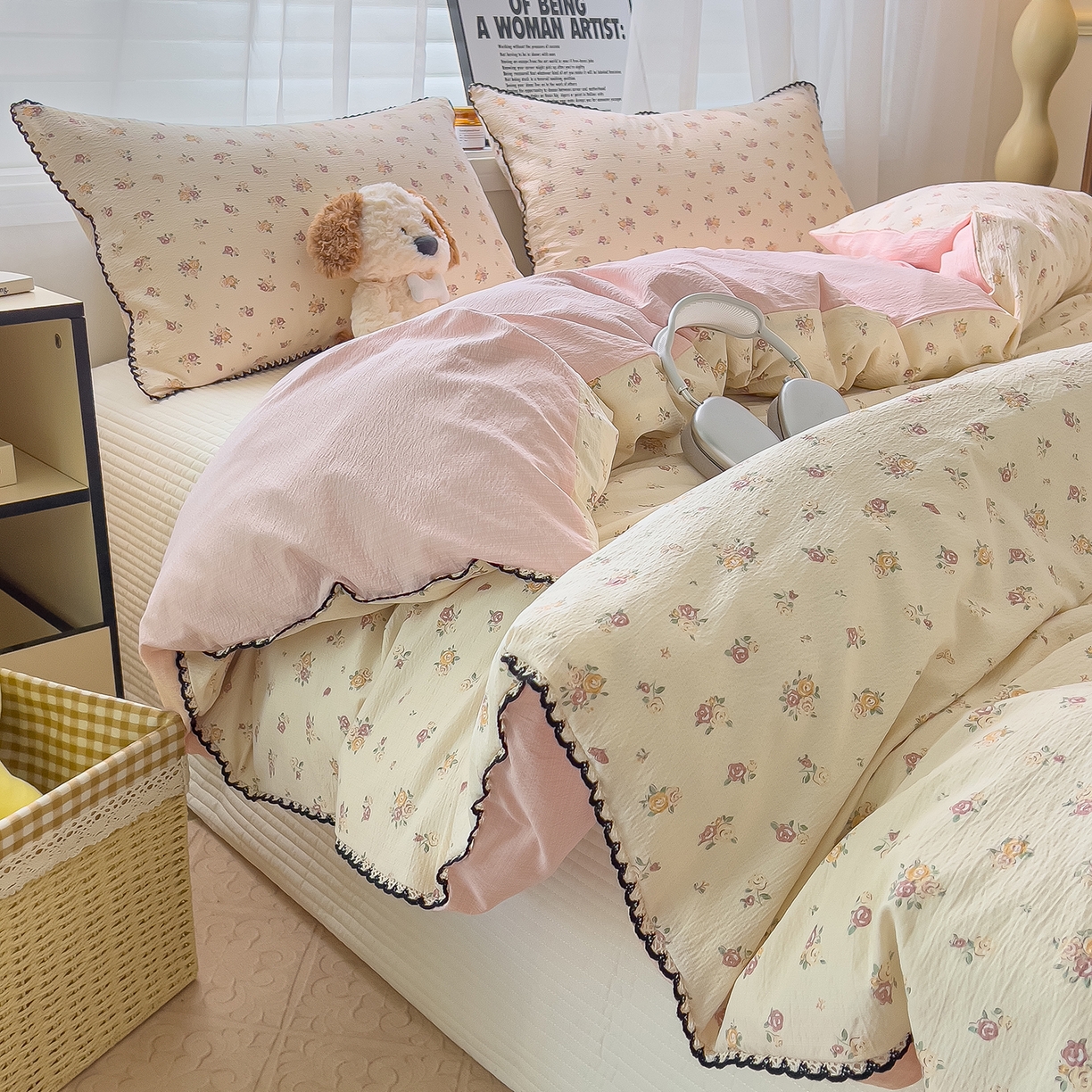 91家纺网 家纺一手货源 找家纺 三盛源 2025新款韩系小花卉镂空花边超柔皱皱双层纱水洗棉单被套被套单件 絮语