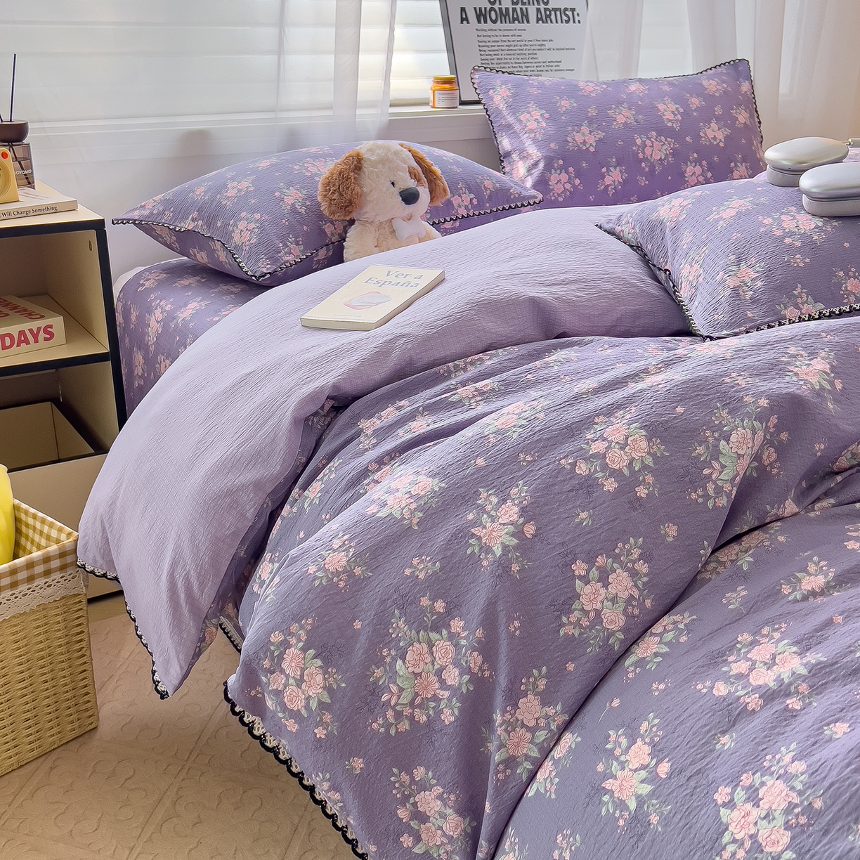 91家纺网 家纺一手货源 找家纺 三盛源 2025新款韩系小花卉镂空花边超柔皱皱双层纱水洗棉单被套被套单件 紫萝漫想