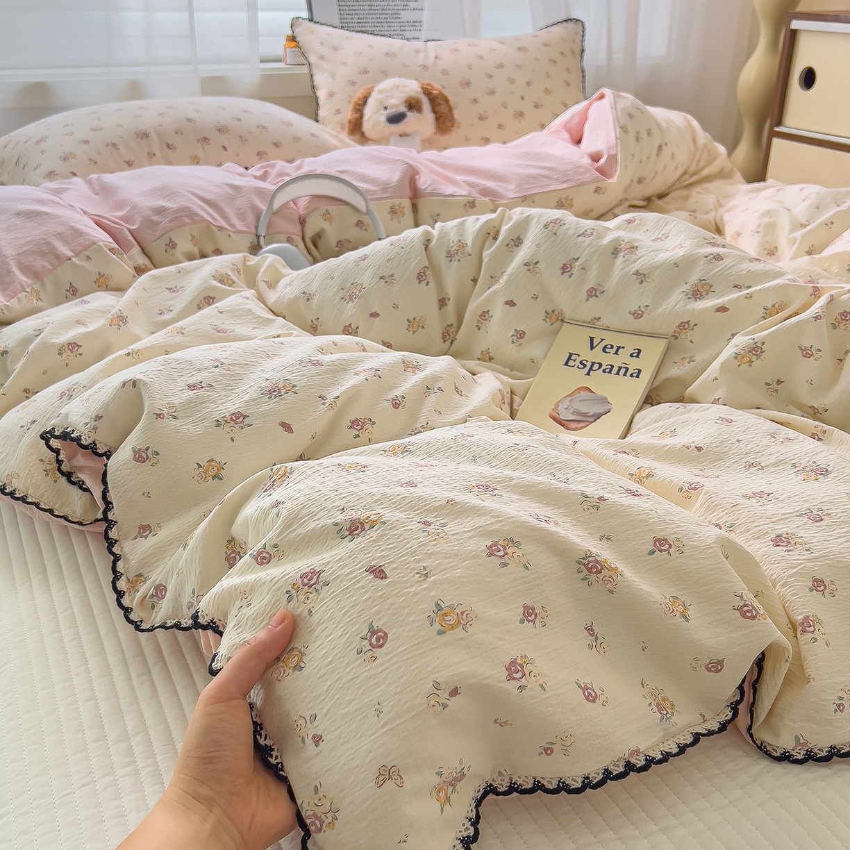 91家纺网 家纺一手货源 找家纺 三盛源 2025新款韩系小花卉镂空花边超柔皱皱双层纱水洗棉单被套被套单件 絮语