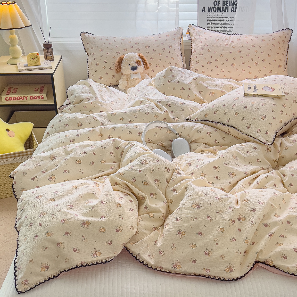 91家纺网 家纺一手货源 找家纺 三盛源 2025新款韩系小花卉镂空花边超柔皱皱双层纱水洗棉单被套被套单件 絮语