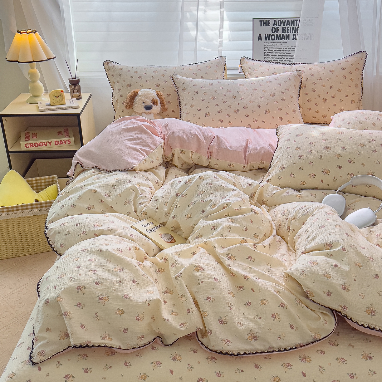 91家纺网 家纺一手货源 找家纺 三盛源 2025新款韩系小花卉镂空花边超柔皱皱双层纱水洗棉单被套被套单件 絮语