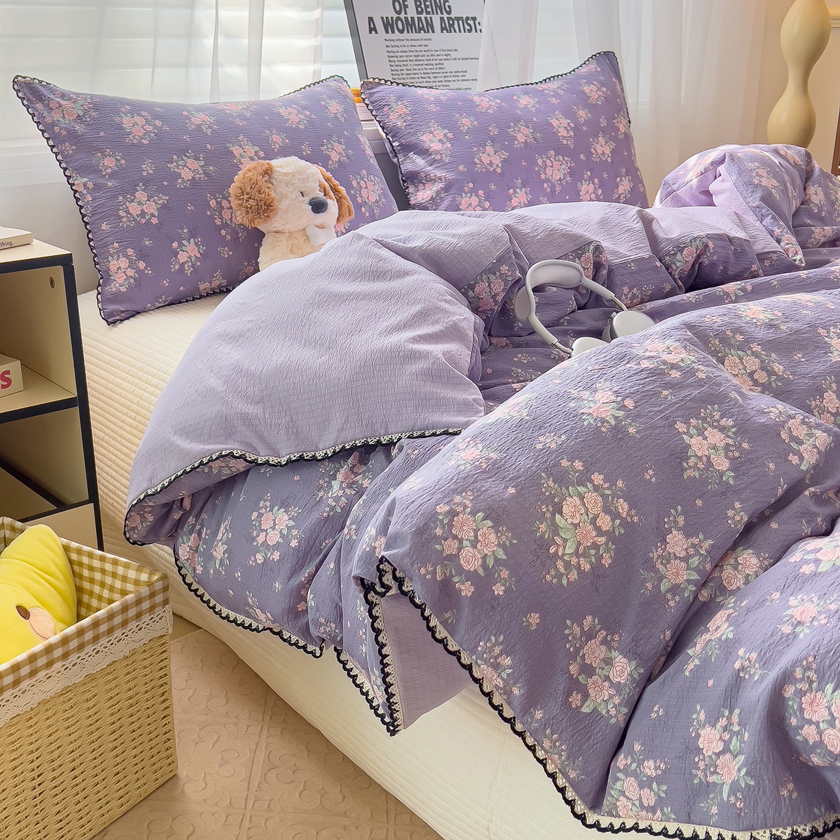 91家纺网 家纺一手货源 找家纺 三盛源 2025新款韩系小花卉镂空花边超柔皱皱双层纱水洗棉单被套被套单件 紫萝漫想