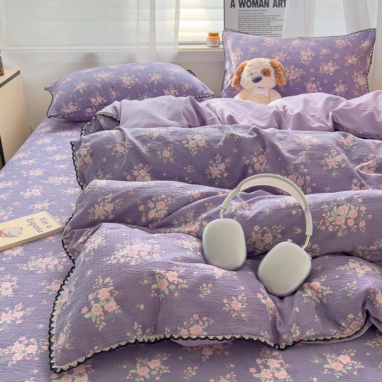 91家纺网 家纺一手货源 找家纺 三盛源 2025新款韩系小花卉镂空花边超柔皱皱双层纱水洗棉单被套被套单件 紫萝漫想