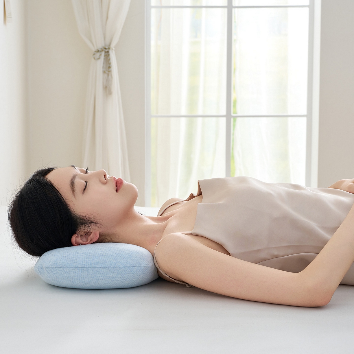 91家纺网 家纺一手货源 找家纺 鼎盛乳胶 2025新款彩棉乳胶小面包枕 彩棉天蓝